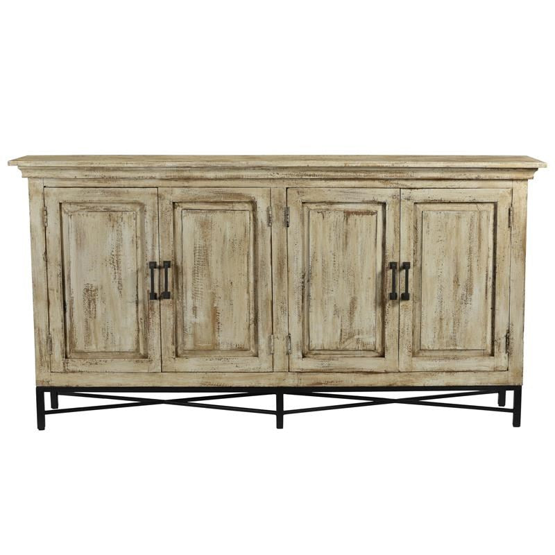 Crestview Collection Bengal Manor 72" x 13" x 37" 4-Door Rustic Mango Wood Sideboard In Heavily Distressed Antique White Finish