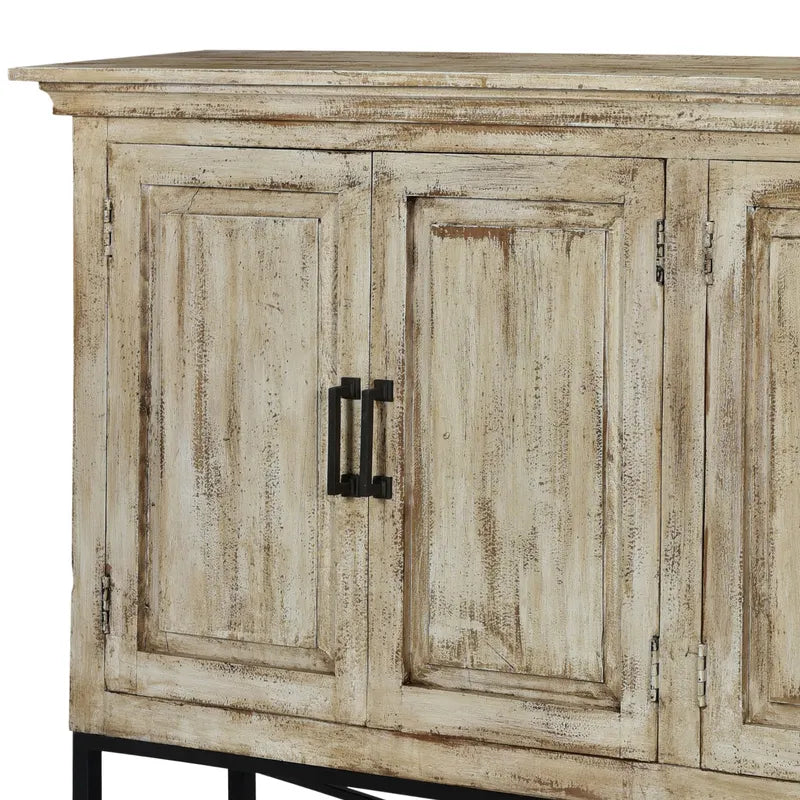 Crestview Collection Bengal Manor 72" x 13" x 37" 4-Door Rustic Mango Wood Sideboard In Heavily Distressed Antique White Finish