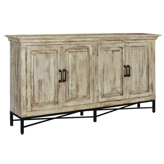 Crestview Collection Bengal Manor 72" x 13" x 37" 4-Door Rustic Mango Wood Sideboard In Heavily Distressed Antique White Finish