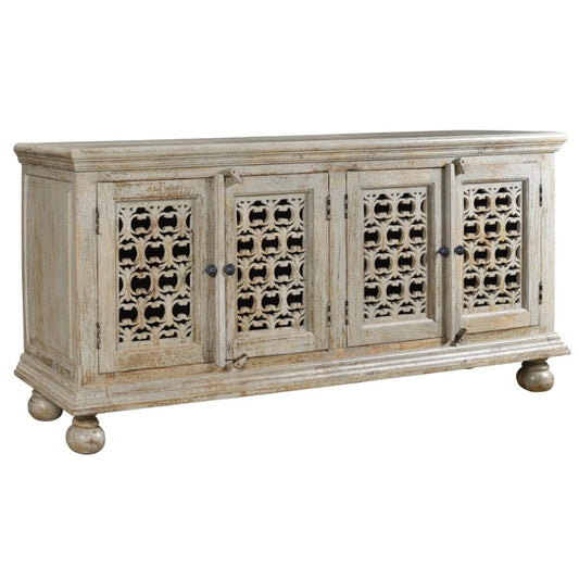 Crestview Collection Bengal Manor 72" x 18" x 36" 4-Door Rustic Aged Ash Mango Wood Carved Sideboard