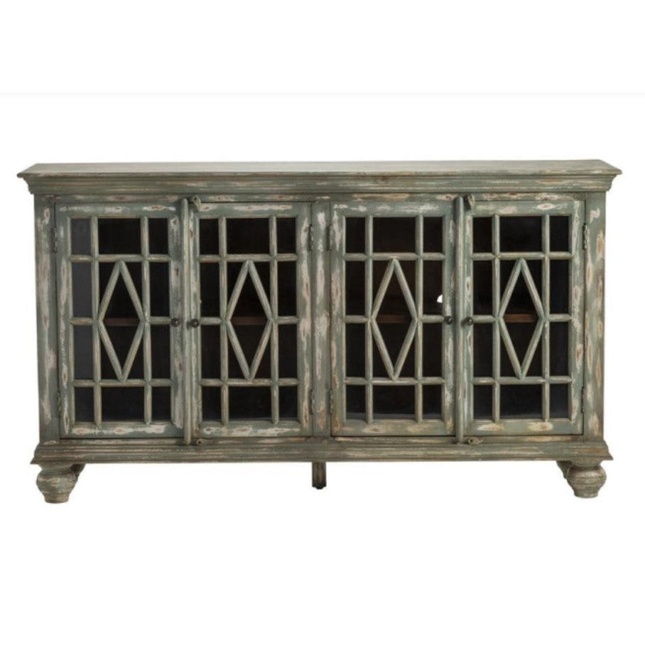 Crestview Collection Bengal Manor 74" x 18" x 42" 4-Glass-Door Rustic Distressed Gray Mango Wood Sideboard