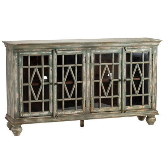 Crestview Collection Bengal Manor 74" x 18" x 42" 4-Glass-Door Rustic Distressed Gray Mango Wood Sideboard