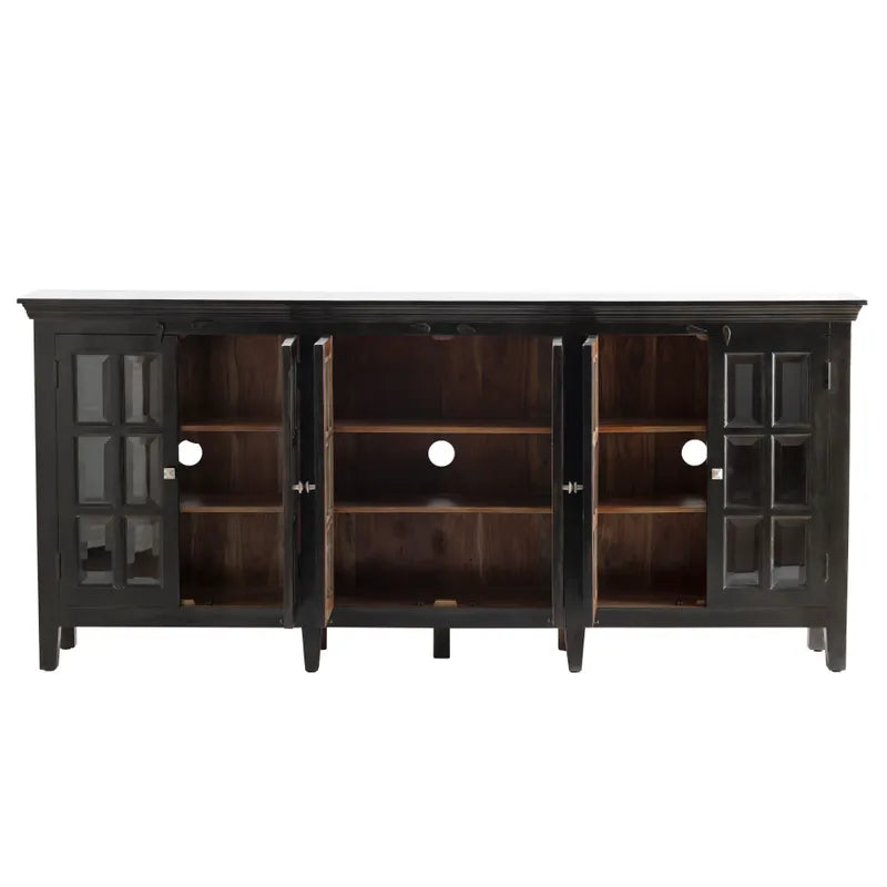 Crestview Collection Bengal Manor 94" x 16" x 42" 6-Door Transitional Dark Brown Acacia Wood Large Window Pane Sideboard