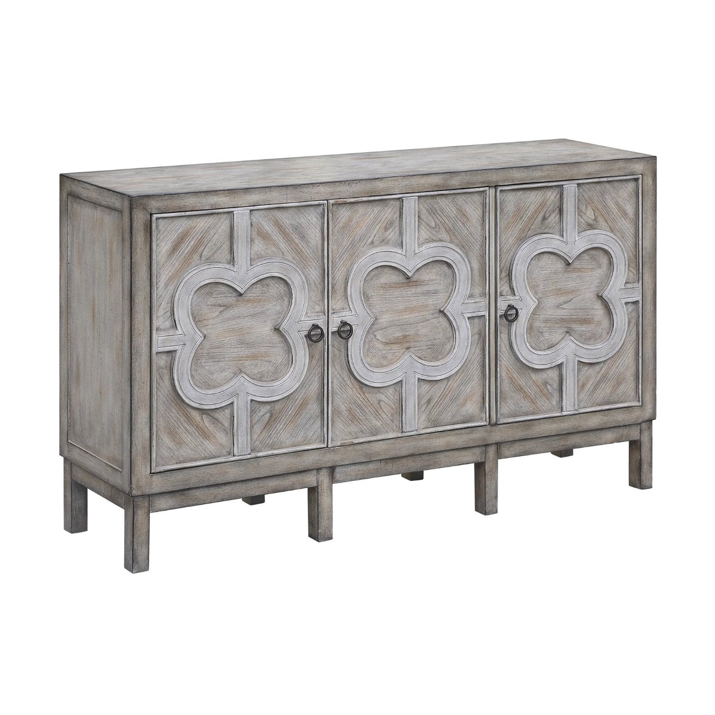 Crestview Collection Buckingham 60" x 15" x 34" 3-Door Transitional Gray Wash Wood Veneer With White Fretwork Overlay