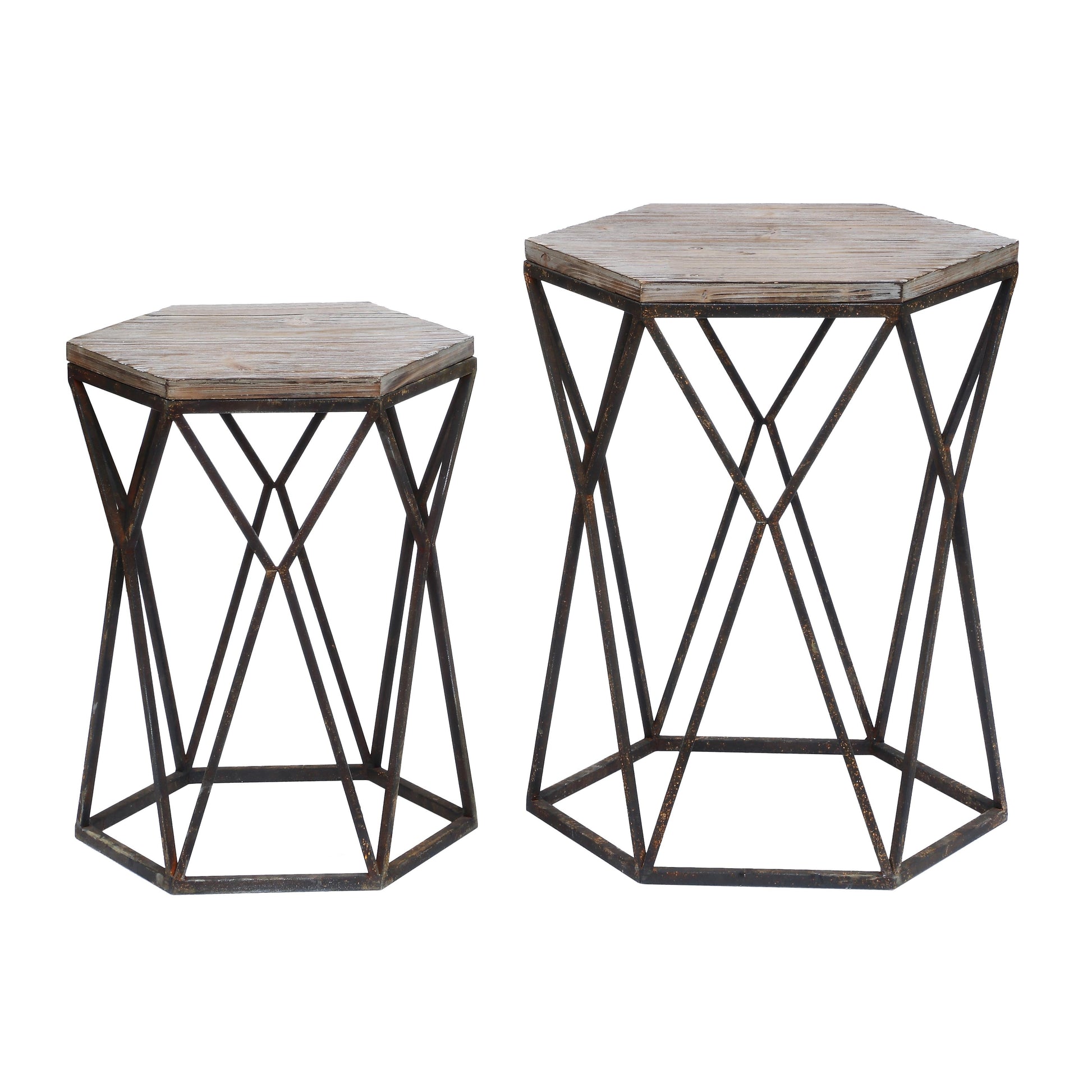 Crestview Collection Buena Vista 22” x 20” x 27” & 18” x 16” x 23” Rustic Metal And Mood Set of Tables In Natural Wood and Black Finish