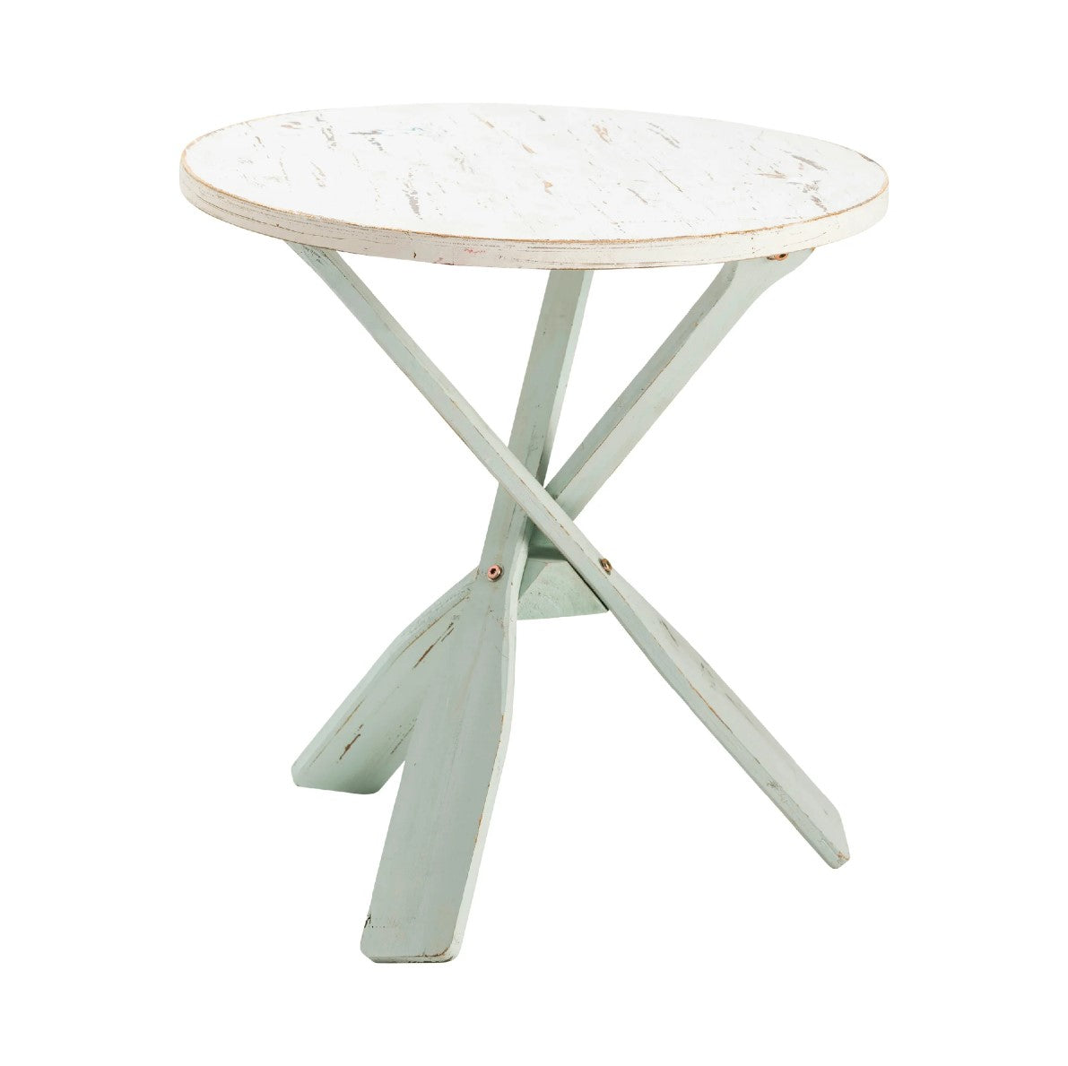 Crestview Collection Chesapeake 24" x 24" x 26" 2-Tone Coastal Wood Paddles Accent Table In Distressed Blue and White Finish