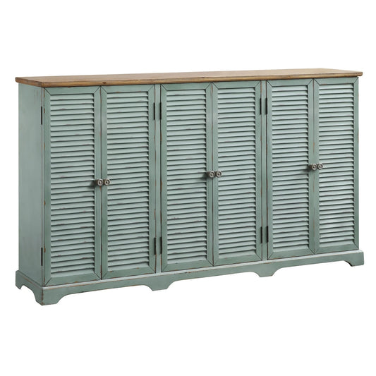 Crestview Collection Clearwater 63" x 12" x 36" 6-Louvered-Door Coastal Blueish Gray Wood Sea Wash Sideboard With Wood Top