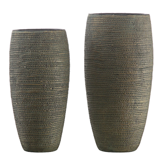 Crestview Collection Durango 14" & 12" 2-Piece Transitional Concrete Vase In Aged Brass Finish