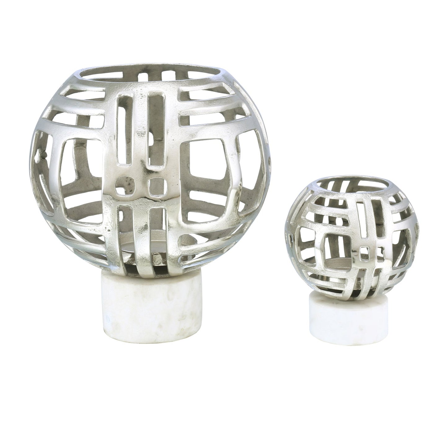 Crestview Collection Finn 13" & 8" 2-Piece Transitional Aluminum And Marble Tea Light Holder In Nickel and White Marble Finish