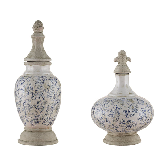 Crestview Collection Hammet 21" & 15" 2-Piece Traditional Ceramic Lidded Vase In Delft Blue and White Finish