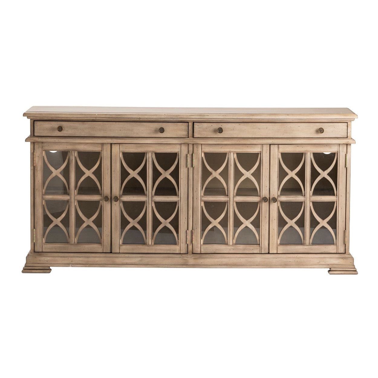 Crestview Collection Hawthorne Estate 76" x 17" x 37" 2-Drawer 4-Door Traditional Wood Fretwork Sideboard In Brushed Wheat Finish