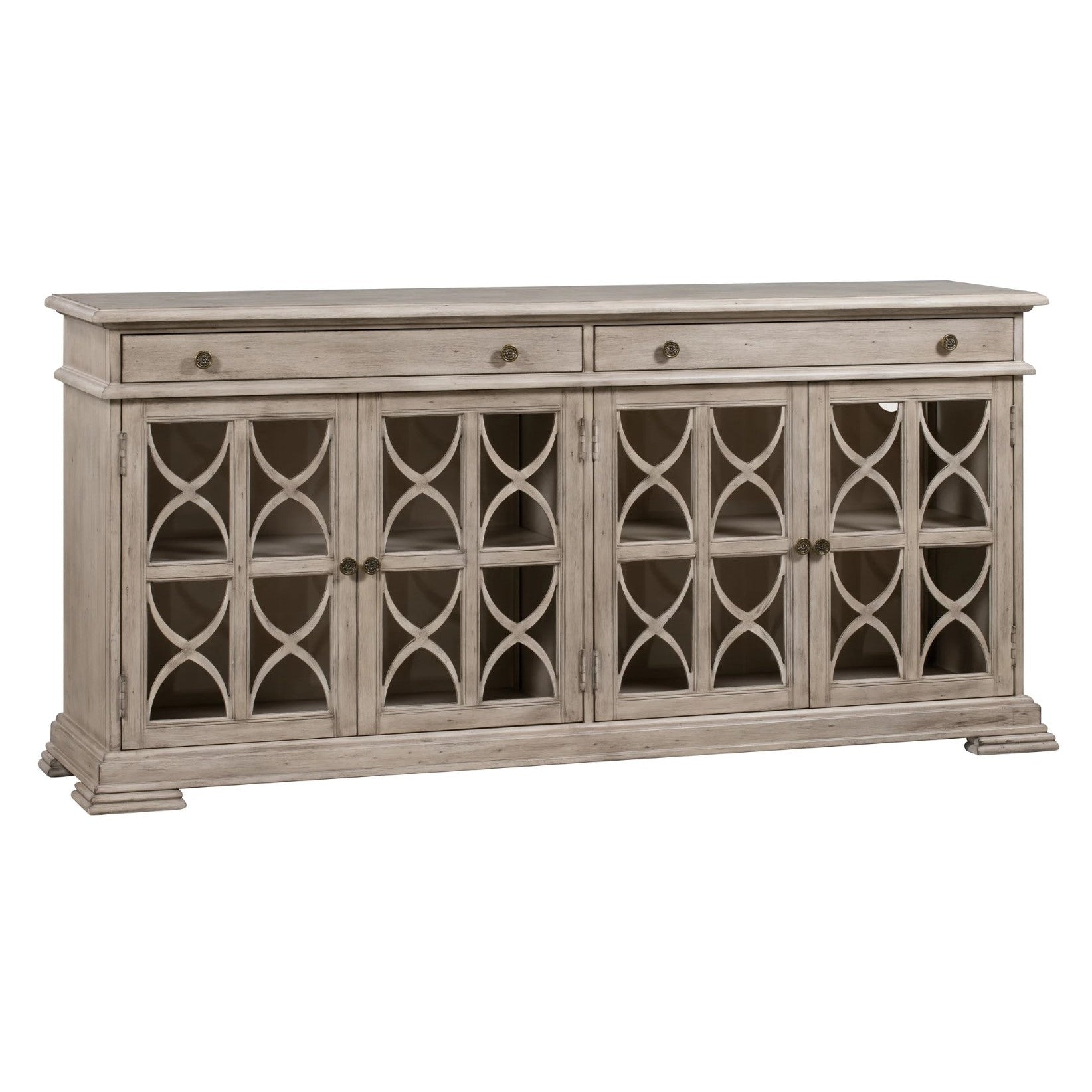 Crestview Collection Hawthorne Estate 76" x 17" x 37" 2-Drawer 4-Door Traditional Wood Fretwork Sideboard In Brushed Wheat Finish