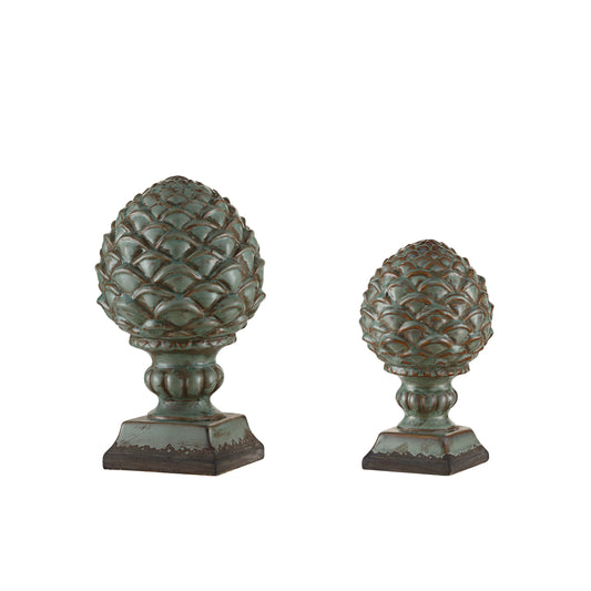 Crestview Collection Heath 14" & 11" Traditional Ceramic Artichoke Finial In Antique Green Matt Glazed Finish