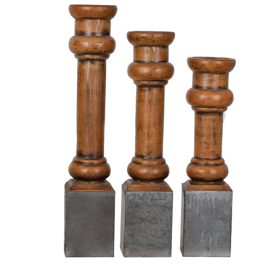Crestview Collection Heirloom 20" & 18" & 16" 3-Piece Rustic Resin And Metal Candle Holder Set In Antique Pine and Galvanized Metal Finish