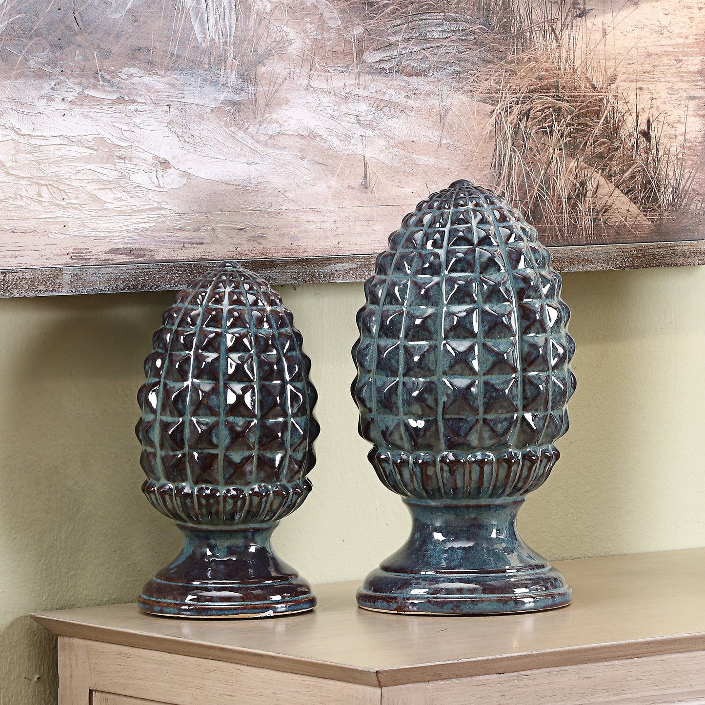 Crestview Collection Henley 13" & 11" Traditional Ceramic Pineapple Finials In Teal Marbled and Glazed Finish