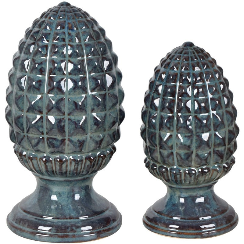 Crestview Collection Henley 13" & 11" Traditional Ceramic Pineapple Finials In Teal Marbled and Glazed Finish