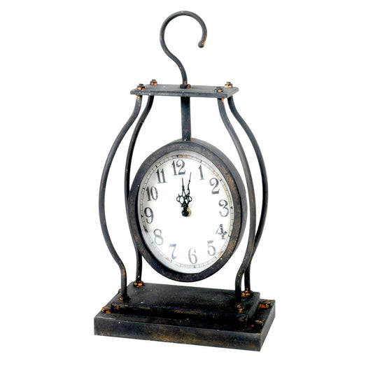 Crestview Collection Hook Clock 9" x 5" x 17" Traditional Metal Table Top Clock In Worn Iron Finish