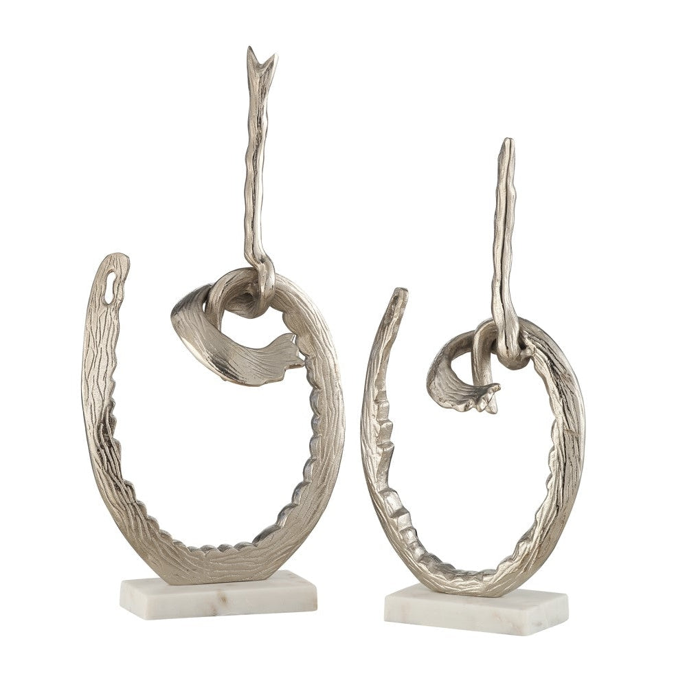 Crestview Collection Knot 23" & 20" 2-Piece Transitional Aluminum And Marble Knot Statue In Polished Silver and White Marble Finish