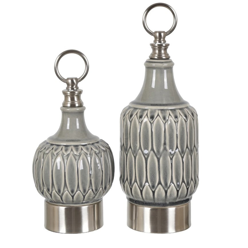 Crestview Collection Largo 14" & 11" 2-Piece Traditional Ceramic And Metal Lidded Container In Dusty Grey and Brushed Nickle Finish