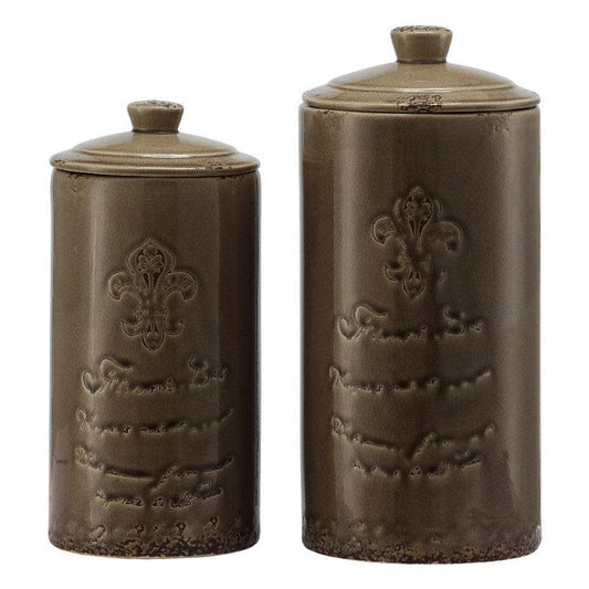 Crestview Collection Lefler 14" & 12" 2-Piece Rustic Ceramic Lidded Vase In Olive Green Finish