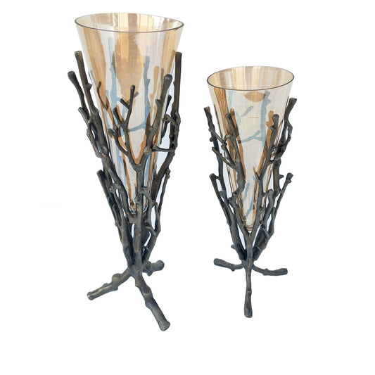 Crestview Collection Mailie 27" & 20" 2-Piece Traditional Aluminum And Glass Vase In Bronze and Amber Glass Finish