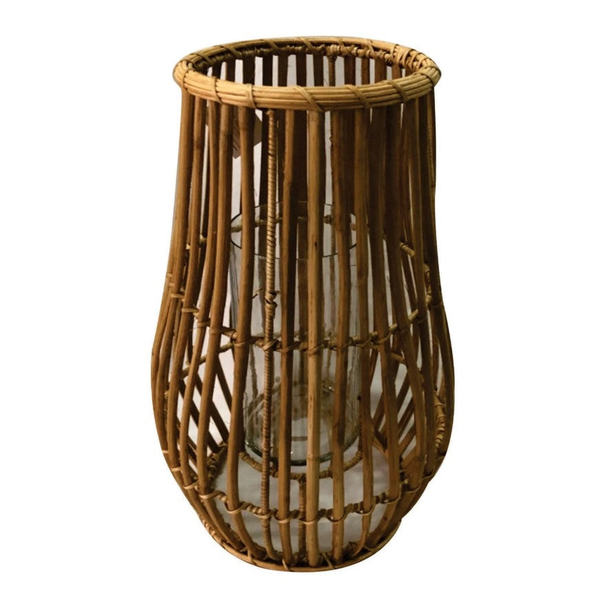 Crestview Collection Marlee 10" x 10" x 16" Coastal Cane And Glass Medium Candle Holder In Natural Cane Finish