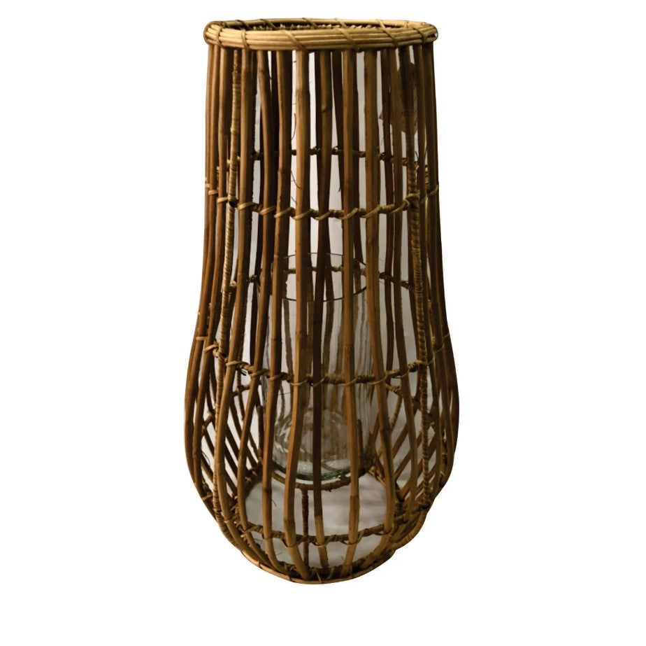Crestview Collection Marlee 11" x 11" x 20" Coastal Cane And Glass Large Candle Holder In Natural Finish