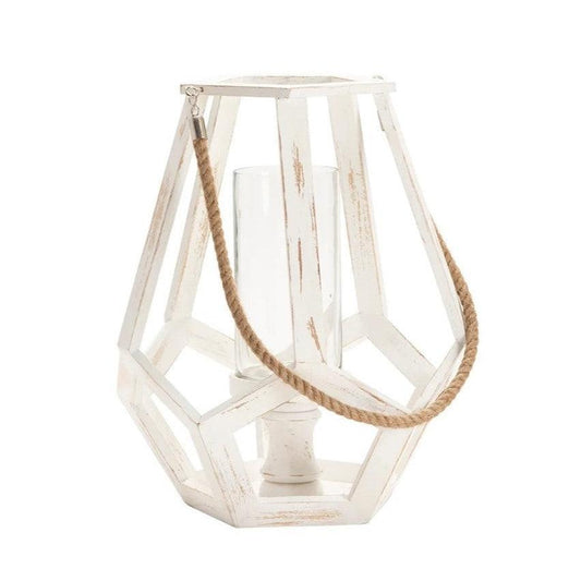Crestview Collection Myers 14" x 14" x 17" Coastal Wood And Glass Medium Candle Holder With Hemp Handle In White Washed Finish