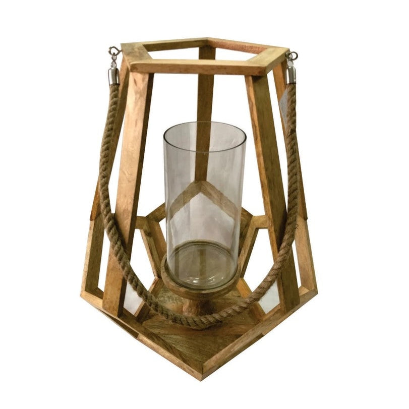 Crestview Collection Myers 14" x 14" x 17" Rustic Wood And Glass Medium Candle Holder With Hemp Handle In Natural Wood Finish