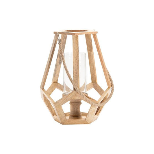 Crestview Collection Myers 14" x 14" x 17" Rustic Wood And Glass Medium Candle Holder With Hemp Handle In Natural Wood Finish