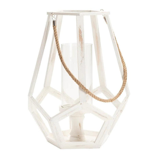 Crestview Collection Myers 16" x 16" x 21" Coastal Wood And Glass Large Candle Holder With Hemp Handle In White Washed Wood Finish