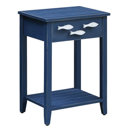 Crestview Collection Nautical Navy 18" x 13" x 25" 1-Drawer Coastal Wood Accent Table w/ Fish Hardware In Distressed Blue Finish