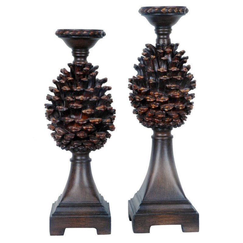 Crestview Collection Pine Bluff 17" & 19" 2-Piece Rustic Resin Candle Holder In Pinecone amd Walnut Finish