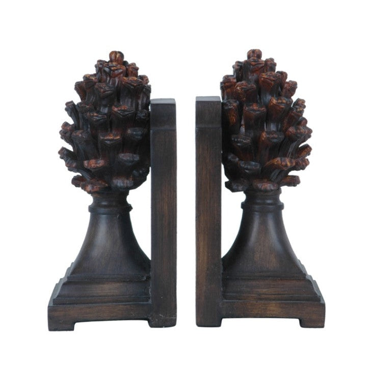 Crestview Collection Pine Bluff 4" x 4" x 9" Rustic Pinecone Resin And Wood Bookend Pair In Walnut Finish