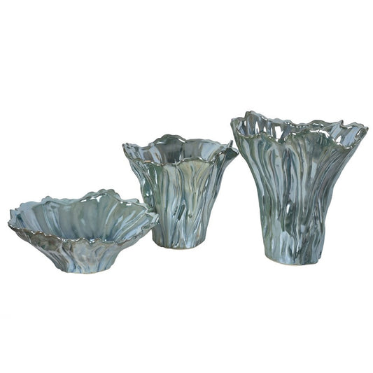 Crestview Collection Quinton 11" & 9" & 5" 3-Piece Transitional Ceramic Organic Shaped Vase and Bowl In Iridescent Aqua Glazed Finish