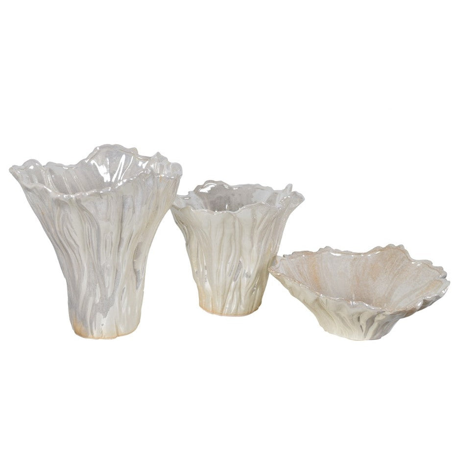 Crestview Collection Quinton 11" & 9" & 5" 3-Piece Transitional Ceramic Organic Shaped Vase and Bowl In Iridescent White Glazed Finish