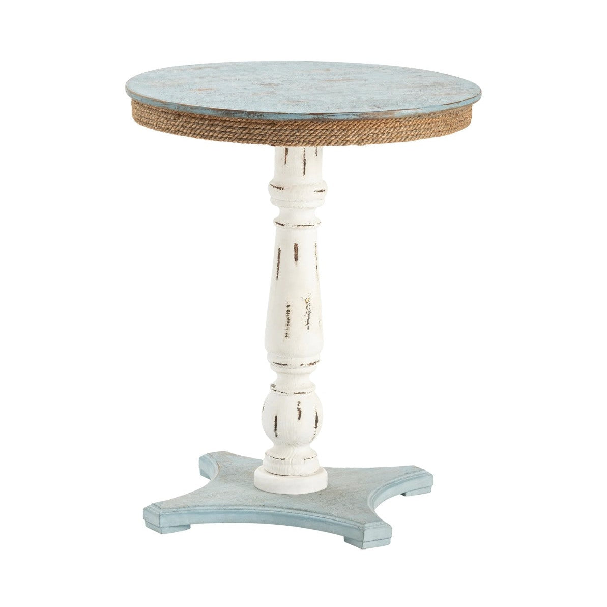 Crestview Collection Sea Isle 21" x 21" x 26" 2-Tone Coastal Wood And Rope Apron Accent Table In Distressed Blue and White Finish