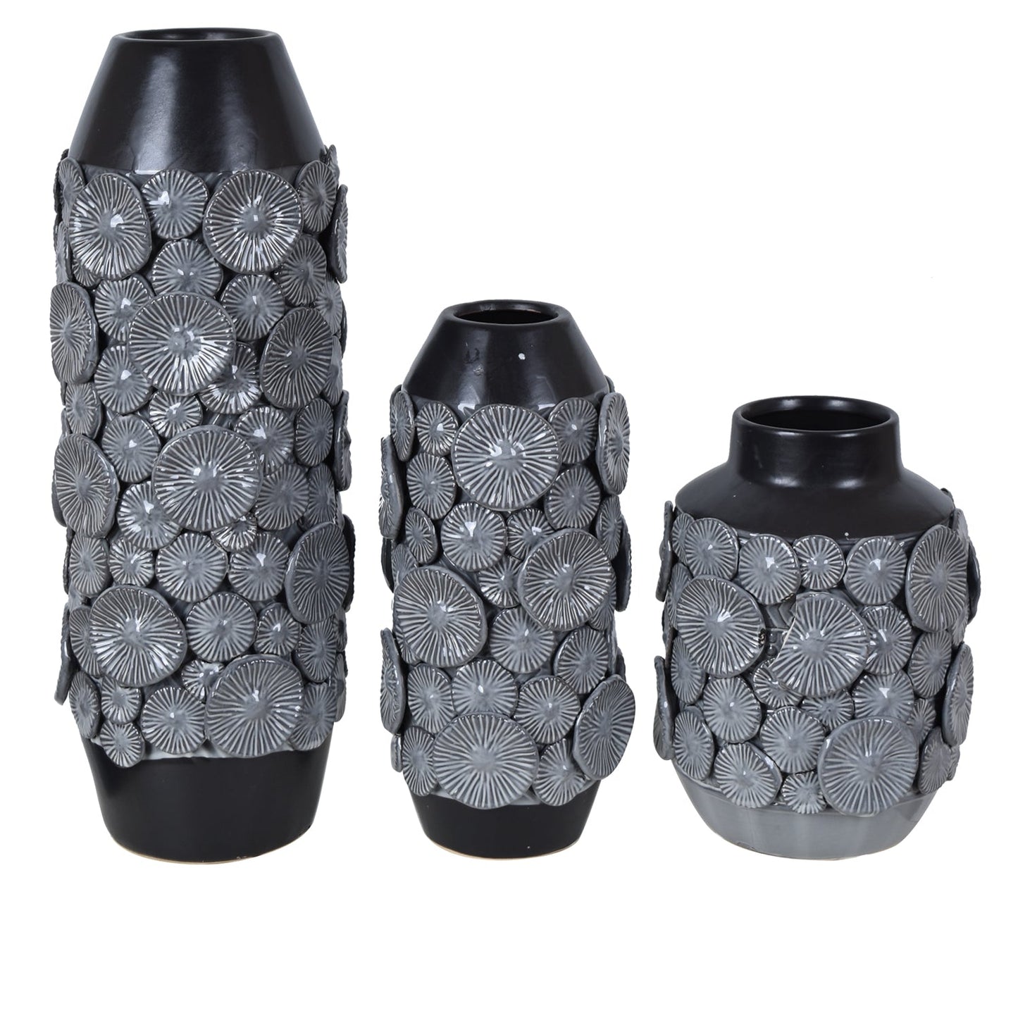 Crestview Collection Stony Brook 17" & 11" & 9" 3-Piece Transitional Ceramic Vase In Gray and Black Finish