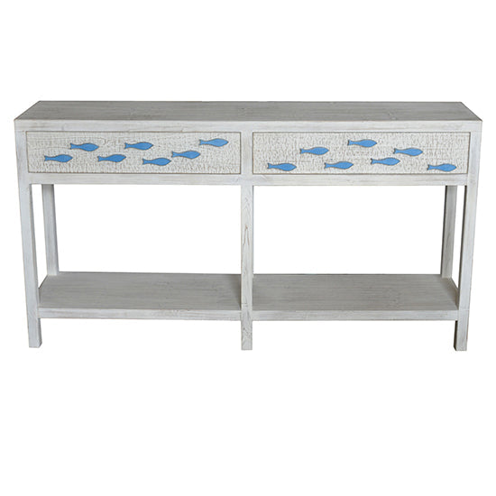 Crestview Collection Swimming Upstream 64" x 15" x 34" 2-Drawer Coastal Wood Aqua Fish Console In Antique White Finish