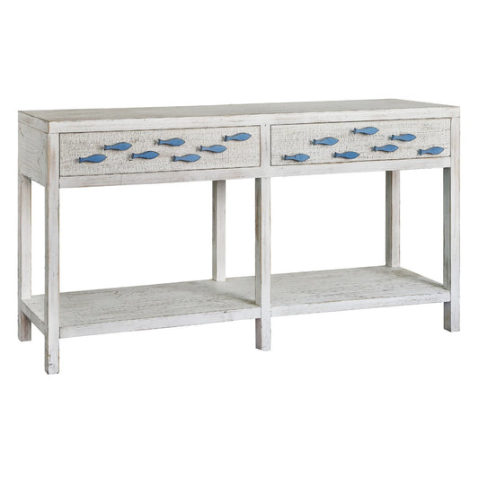 Crestview Collection Swimming Upstream 64" x 15" x 34" 2-Drawer Coastal Wood Aqua Fish Console In Antique White Finish