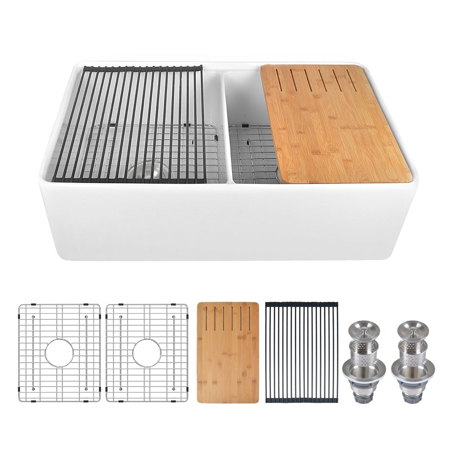 DeerValley 33" Double Bowl Rectangular White Shatter-Resistant Workstation Farmhouse Kitchen Sink With Basket Strainer, Basin Rack/Bottom Grid, Cutting Board and Colander