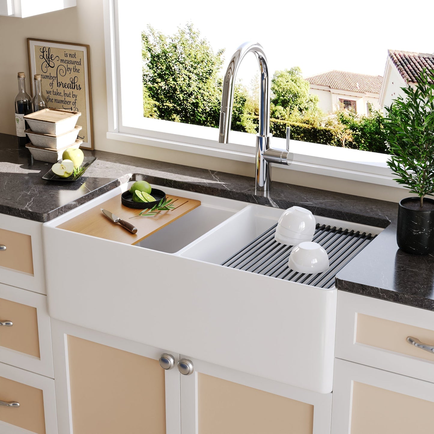 DeerValley 33" Double Bowl Rectangular White Shatter-Resistant Workstation Farmhouse Kitchen Sink With Basket Strainer, Basin Rack/Bottom Grid, Cutting Board and Colander