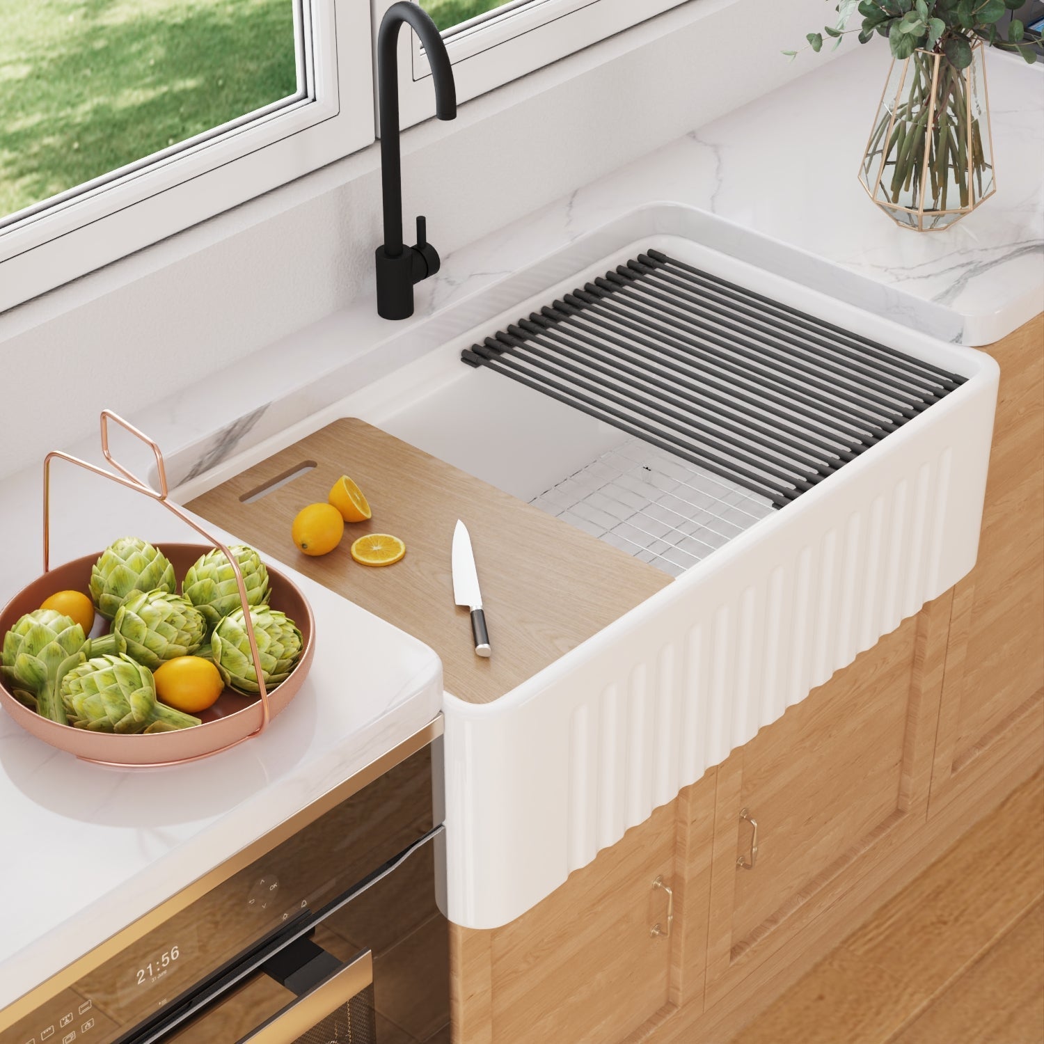 DeerValley 33" L x 20" W DV-1K0065 Rectangular White Easy-Cleaning Farmhouse Kitchen Sink With Basket Strainer, Basin Rack/Bottom Grid, Cutting Board and Colander