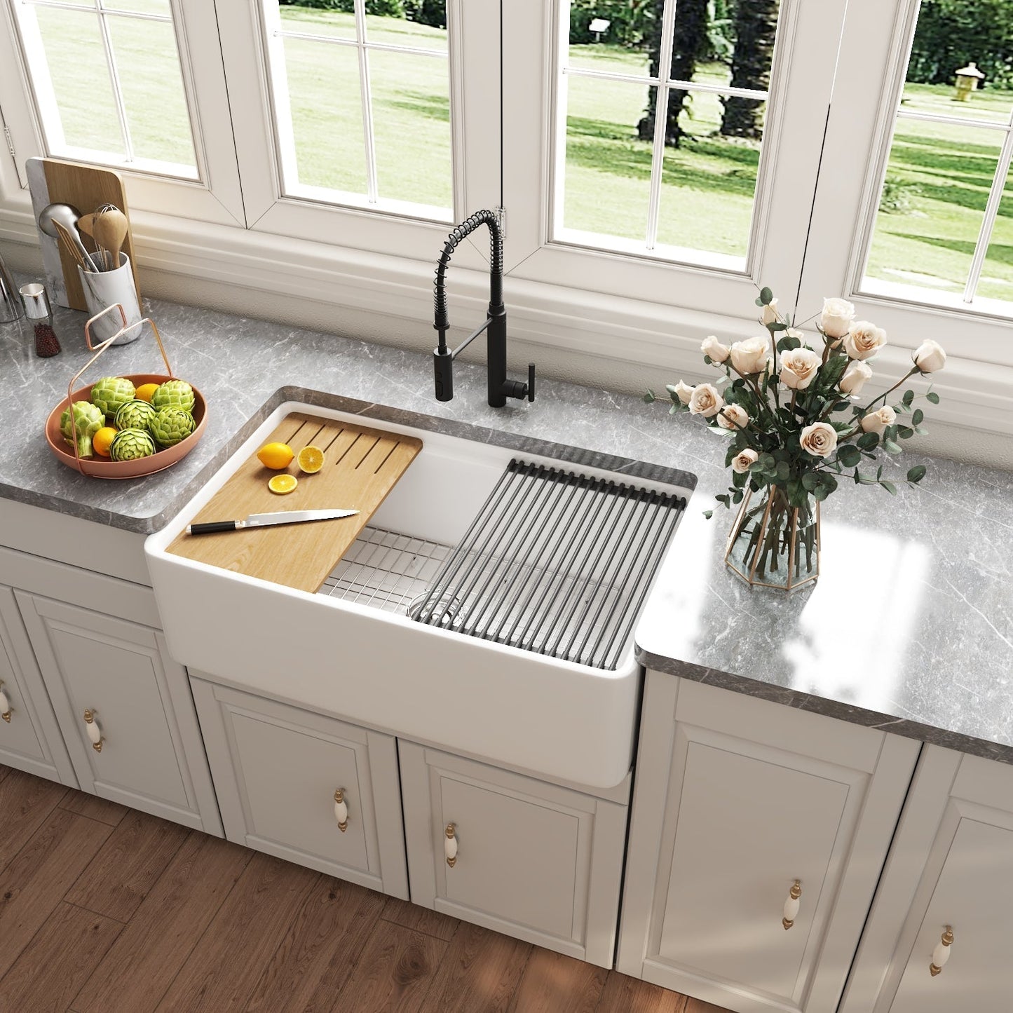 DeerValley 33" Rectangular White Smooth Surface Workstation Farmhouse Kitchen Sink With Basket Strainer Drain, Basin Rack/Bottom Grid, Cutting Board and Roll-Up Dish Rack