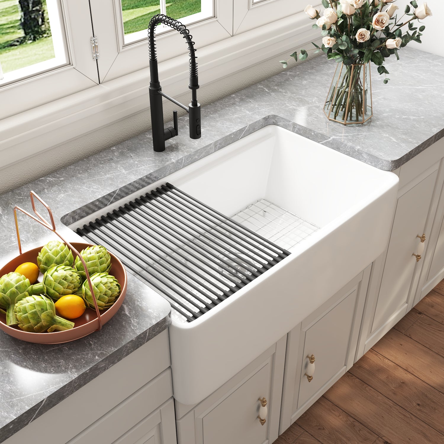 DeerValley 33 Rectangular White Smooth Surface Workstation Farmhouse Kitchen Sink With Basket Strainer Drain Basin Rack Bottom Grid Cutting Board