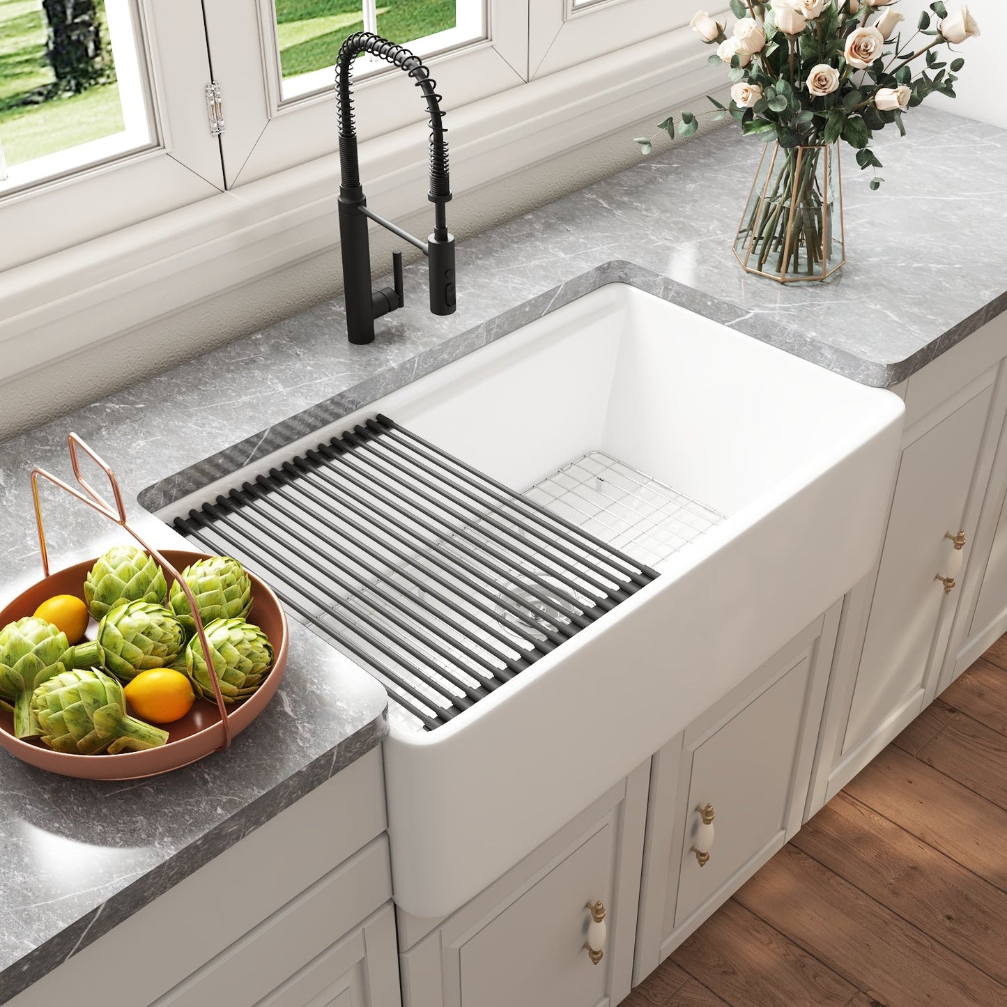 DeerValley 33" Rectangular White Smooth Surface Workstation Farmhouse Kitchen Sink With Basket Strainer Drain, Basin Rack/Bottom Grid, Cutting Board and Roll-Up Dish Rack