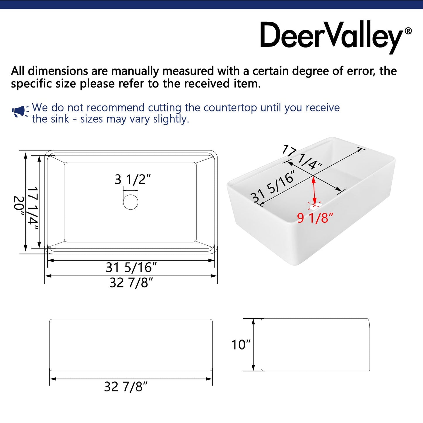 DeerValley 33" Rectangular White Smooth Surface Workstation Farmhouse Kitchen Sink With Basket Strainer Drain, Basin Rack/Bottom Grid, Cutting Board and Roll-Up Dish Rack