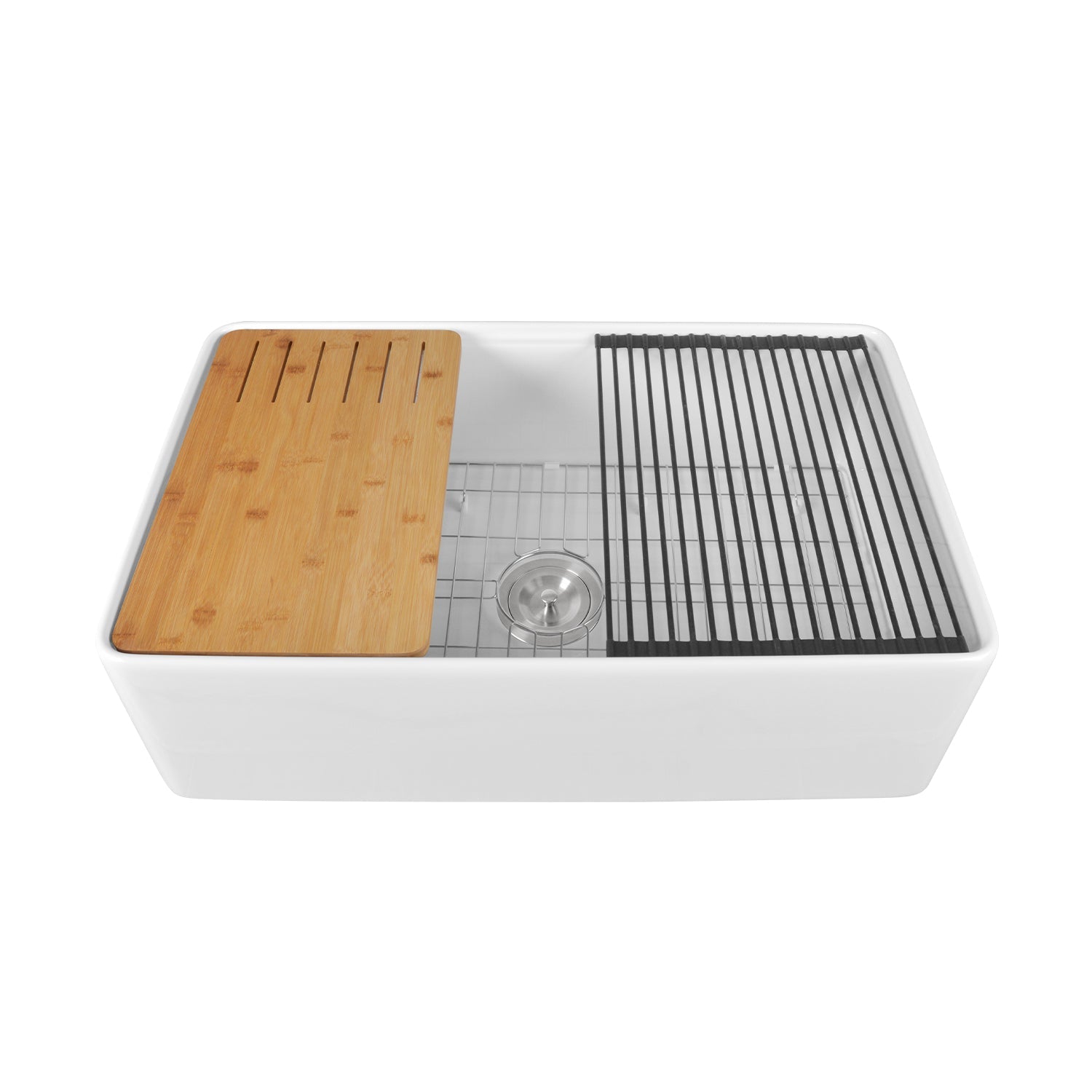 DeerValley 33" Rectangular White Smooth Surface Workstation Farmhouse Kitchen Sink With Basket Strainer Drain, Basin Rack/Bottom Grid, Cutting Board and Roll-Up Dish Rack