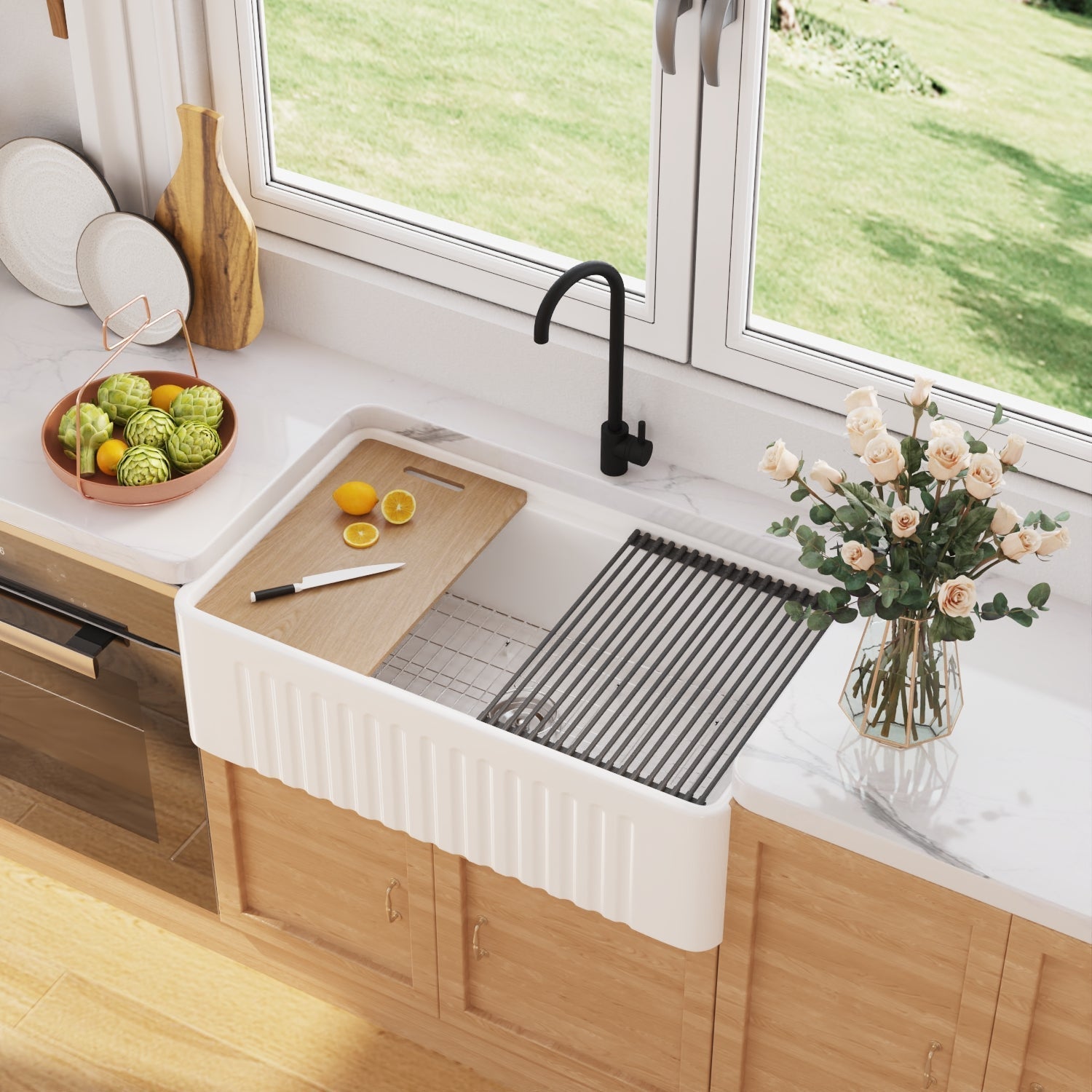 DeerValley 33" Single Bowl Rectangular White Easy-Cleaning Farmhouse Kitchen Sink With Basket Strainer, Basin Rack/Bottom Grid, Cutting Board and Colander