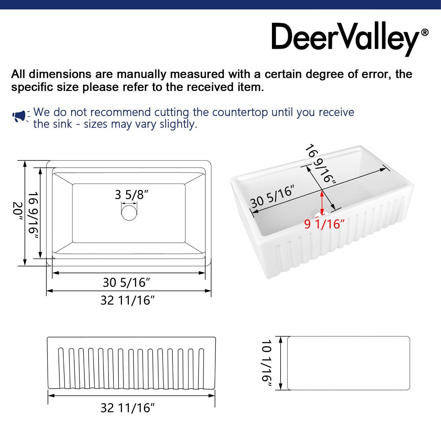 DeerValley 33" Single Bowl Rectangular White Easy-Cleaning Farmhouse Kitchen Sink With Basket Strainer, Basin Rack/Bottom Grid, Cutting Board and Colander